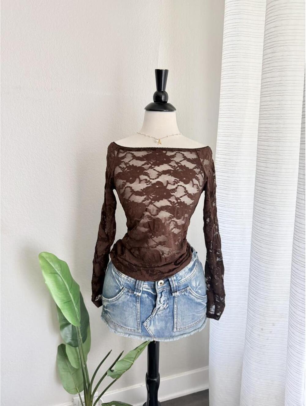 Sheer Brown Lace Off Shoulder Top